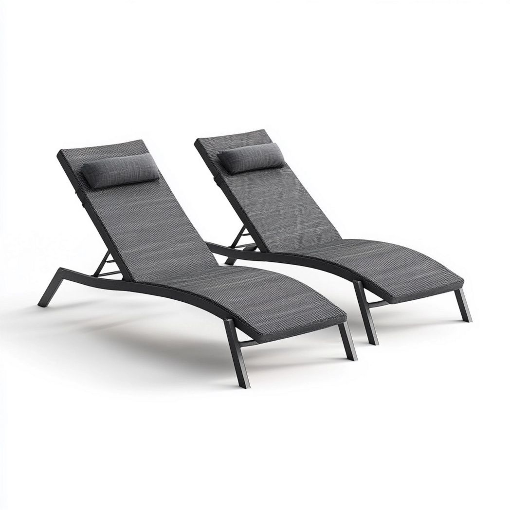 Set 2 Lettini Prendisole Tessuto a Rete Struttura in Alluminio Regolabile 200x65x35 cm Grigio