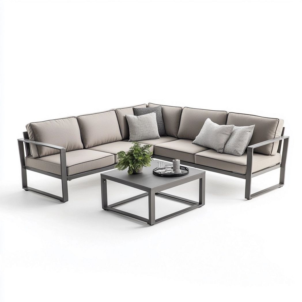 Set Divano Modulare Angolare in Tessuto Sintetico Grigio con Struttura in Alluminio e Tavolino Quadrato