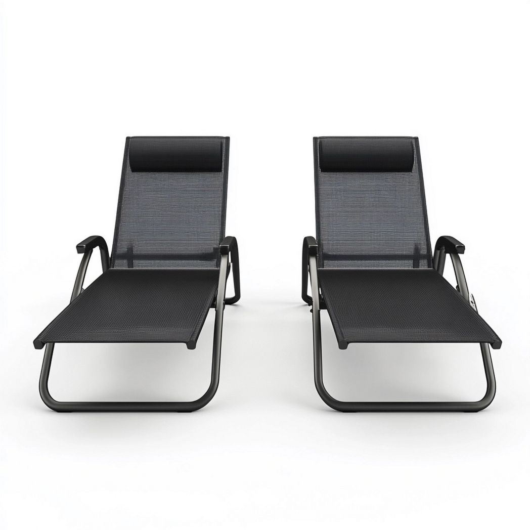 Set 2 Sdraio Reclinabili Tessuto Traspirante Telaio Metallo Nero