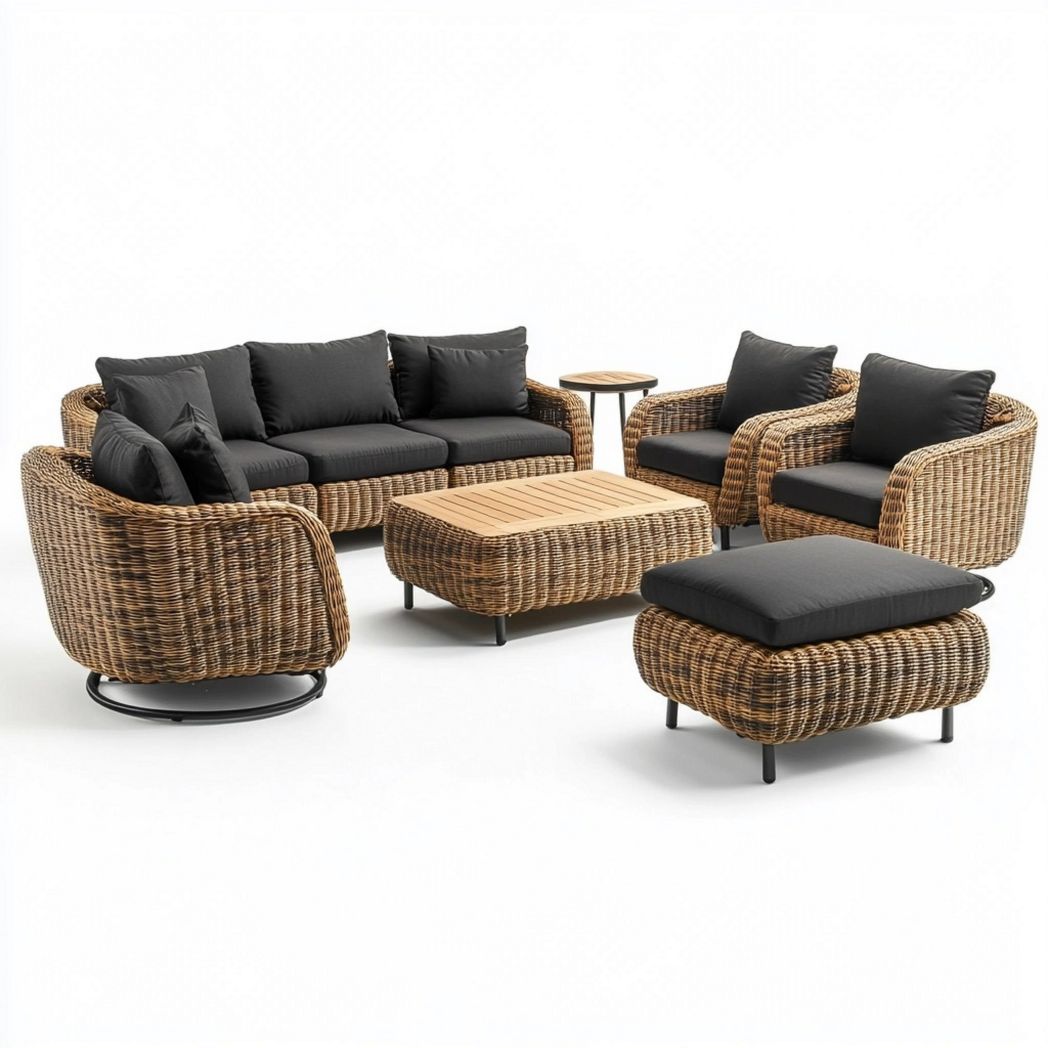 Set salotto da giardino in vimini e tessuto nero 6 pezzi