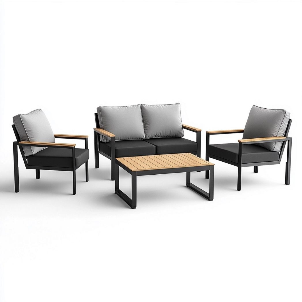 Set Divani e Tavolino in Metallo e Legno 4 Pezzi Grigio/Nero