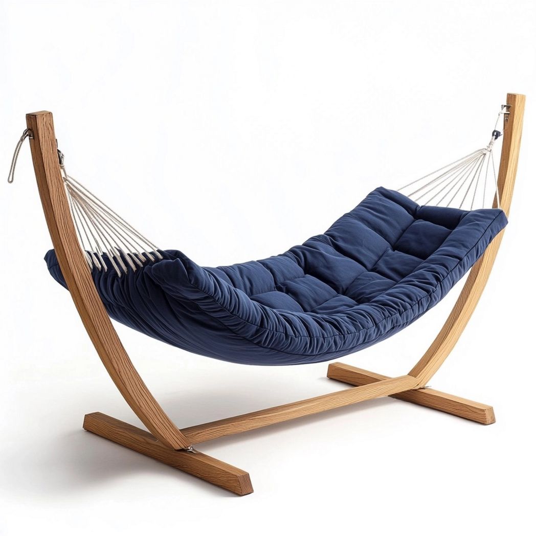 Amaca con Struttura in Legno Massello e Tessuto Blu Imbottito Curvo 200x100 cm