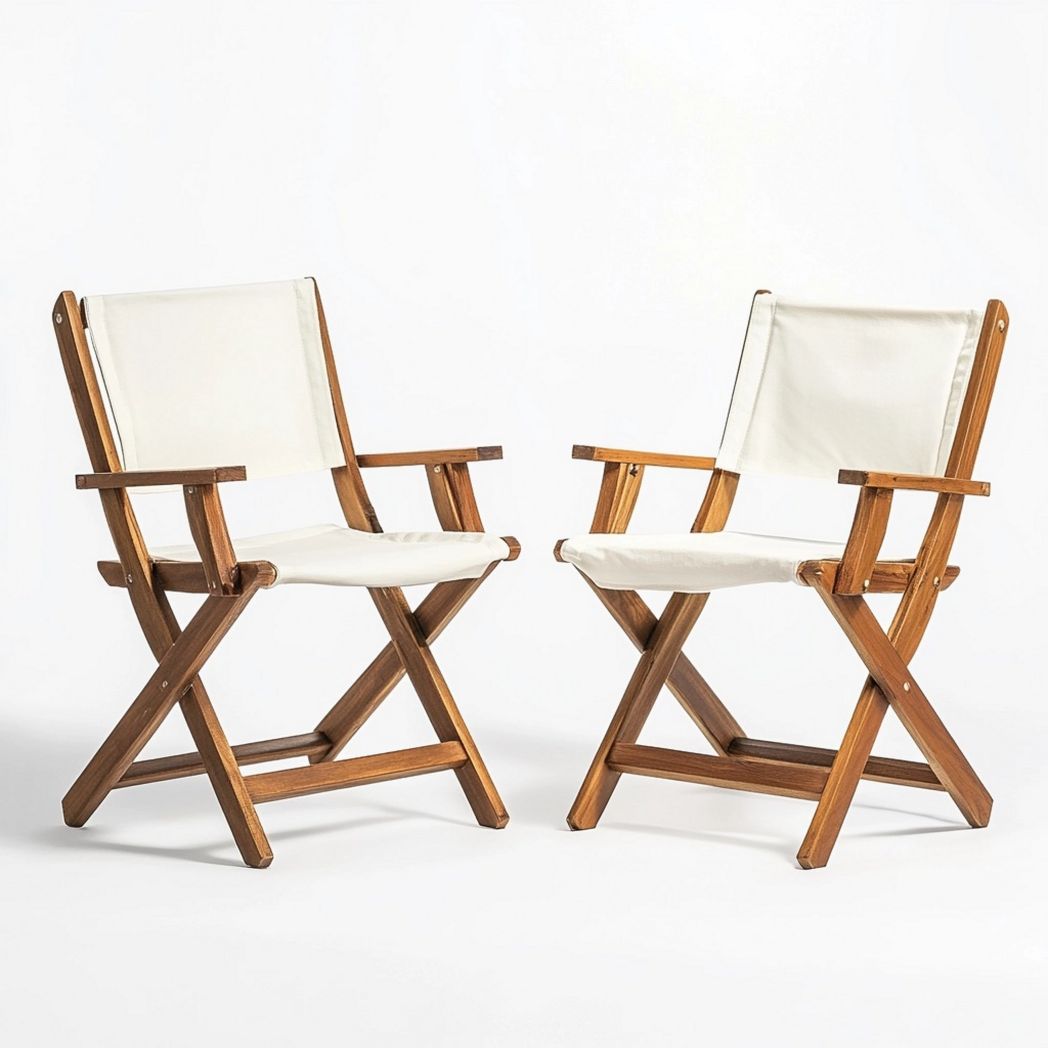 Set di 2 Sedie da Giardino Pieghevoli con Struttura in Legno Marrone e Seduta in Tessuto Bianco