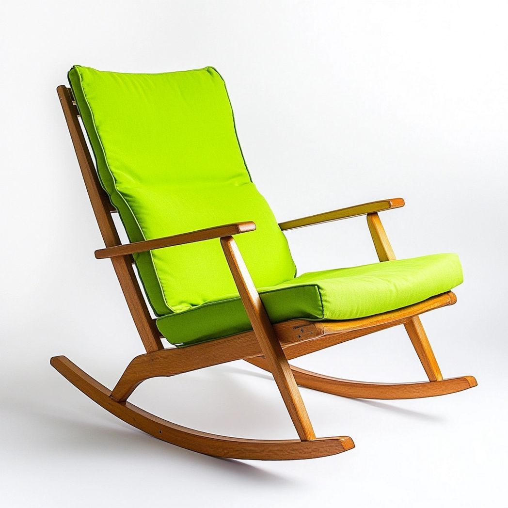 Sedia a dondolo in legno tessuto verde cuscini imbottiti