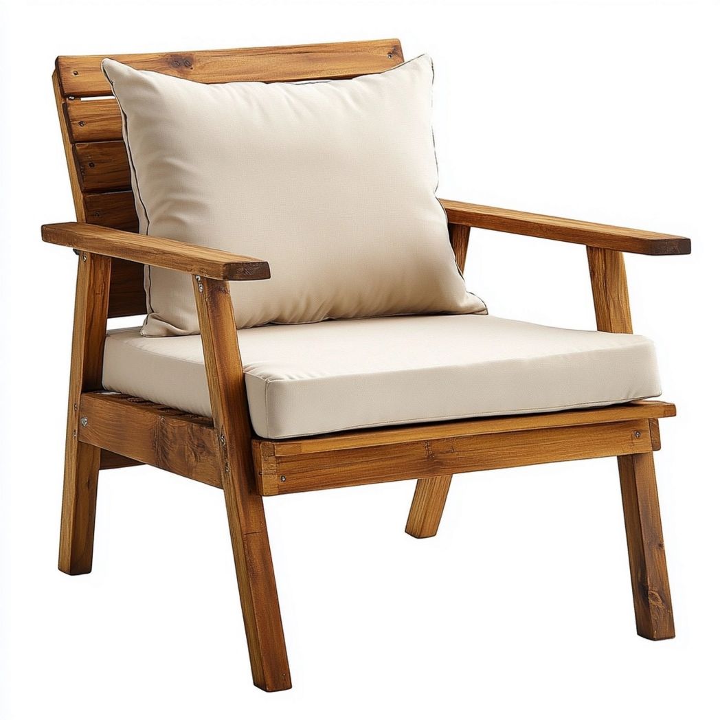 Poltrona in Legno Massello Cuscini Imbottiti Rettangolare Beige