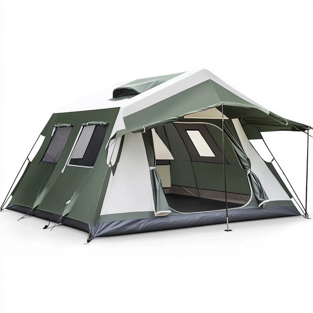 Tenda da Campeggio Familiare 6 Persone 430x305cm Poliestere Impermeabile Verde/Bianco Rettangolare