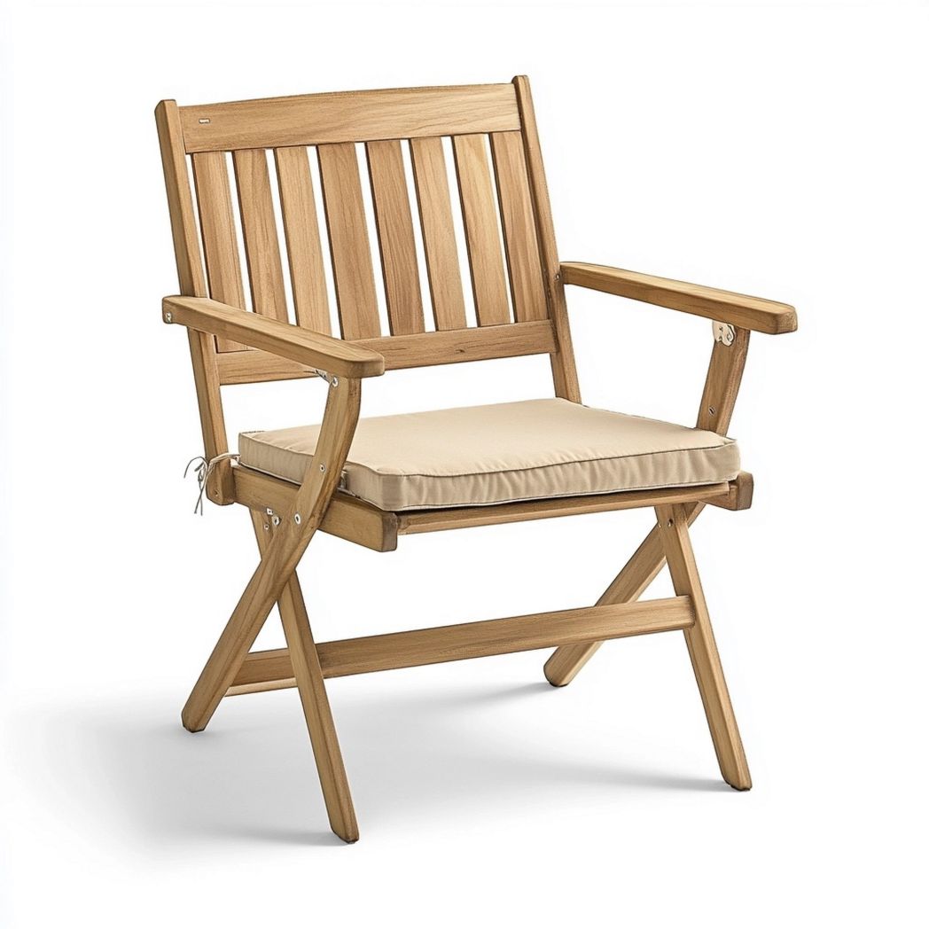Sedia da giardino pieghevole in legno di teak con cuscino imbottito beige