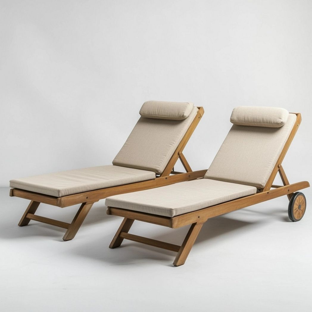 Set 2 lettini prendisole in legno teak cuscini crema struttura regolabile