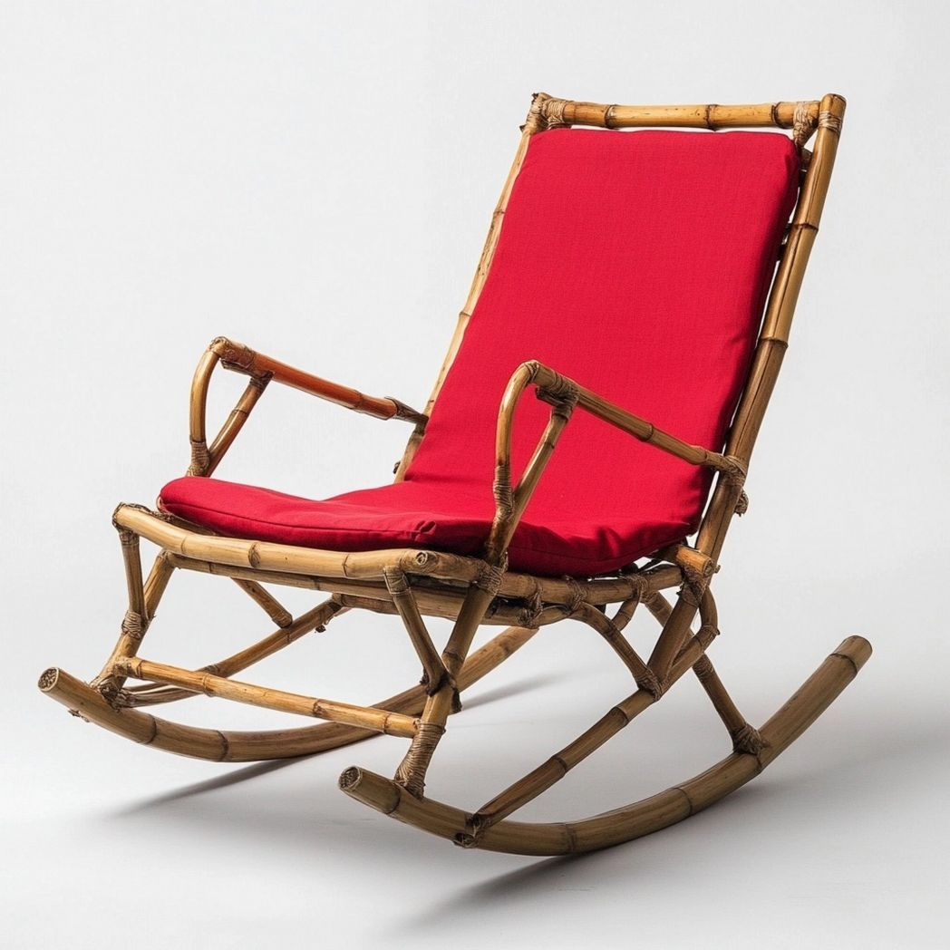 Sedia a Dondolo Forma Curva Poltrona Rivestimento Imbottito Struttura in Bambù Rosso 100x60x90cm