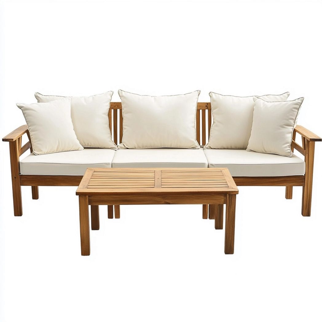 Set Divano 3 Posti Legno Teak Cuscini Bianchi Tavolino