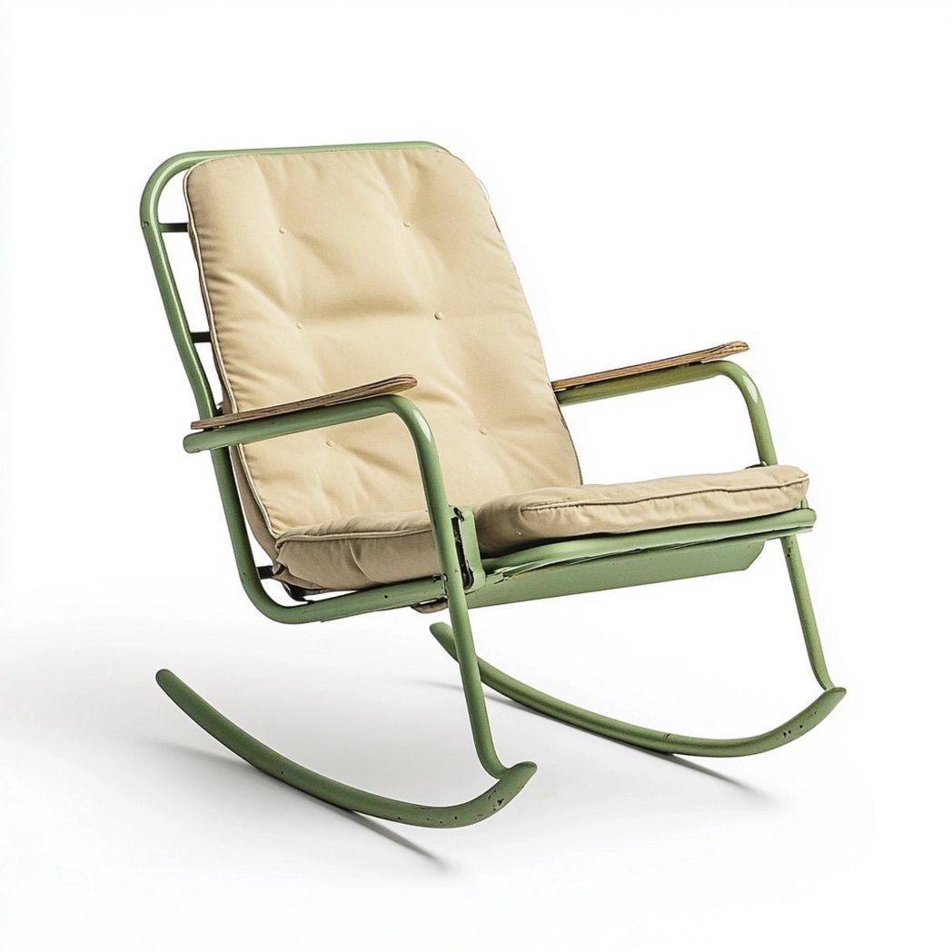 Sedia a dondolo verde chiaro metallo imbottitura beige tessuto sedia