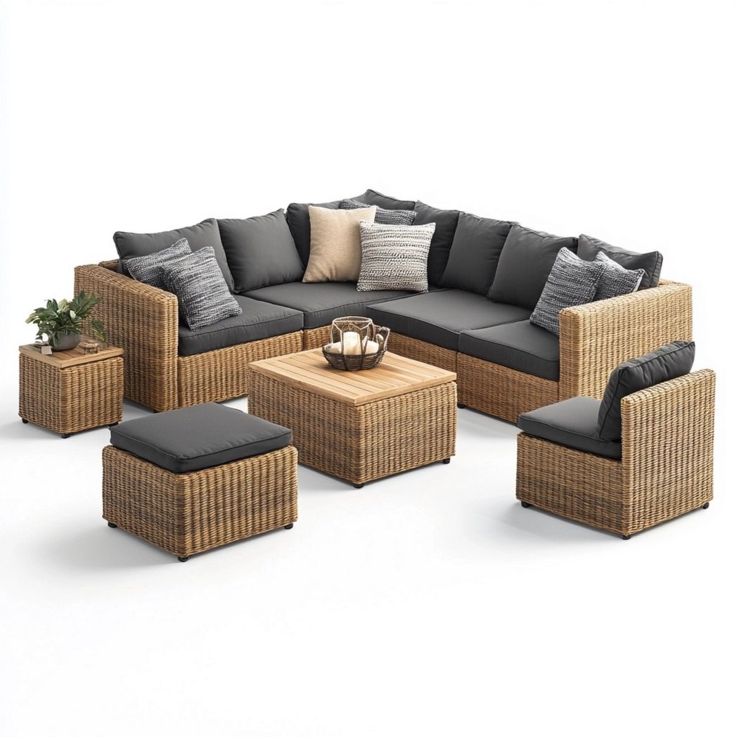 Set salotto angolare in rattan tessuto cuscini grigio antracite 8 pezzi