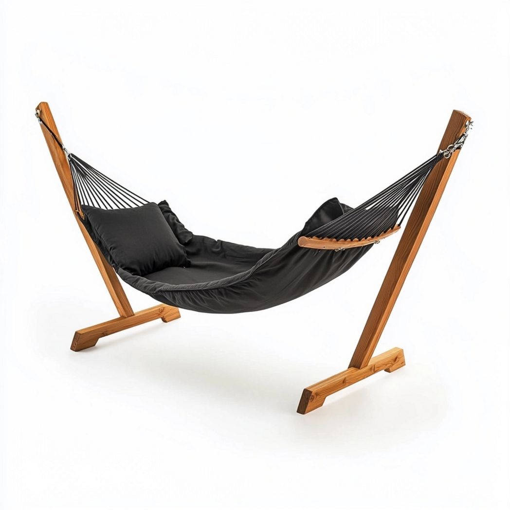 Amaca Nera Tela Cotone Struttura Legno 200x120 cm Accogliente Altalena