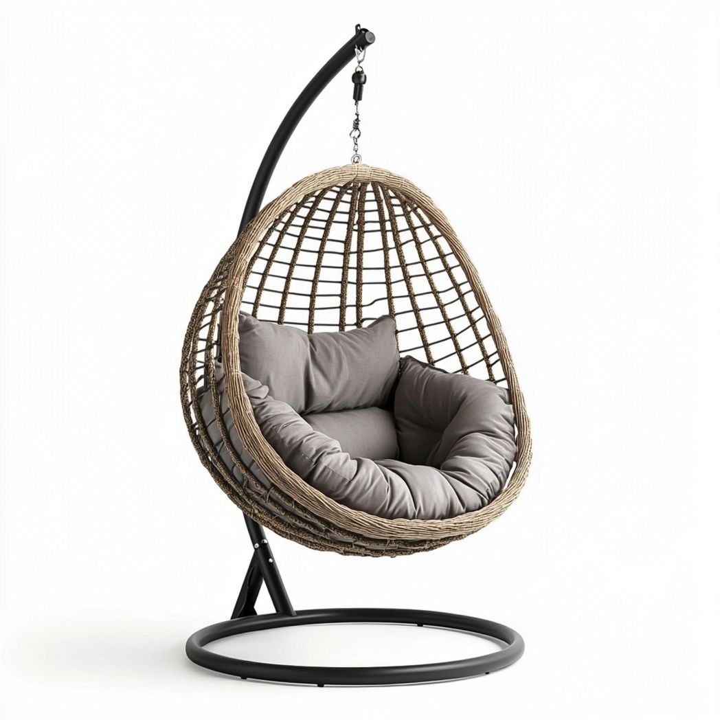 Sedia Sospesa in Rattan Sintetico Intrecciato a Uovo Beige/Grigio