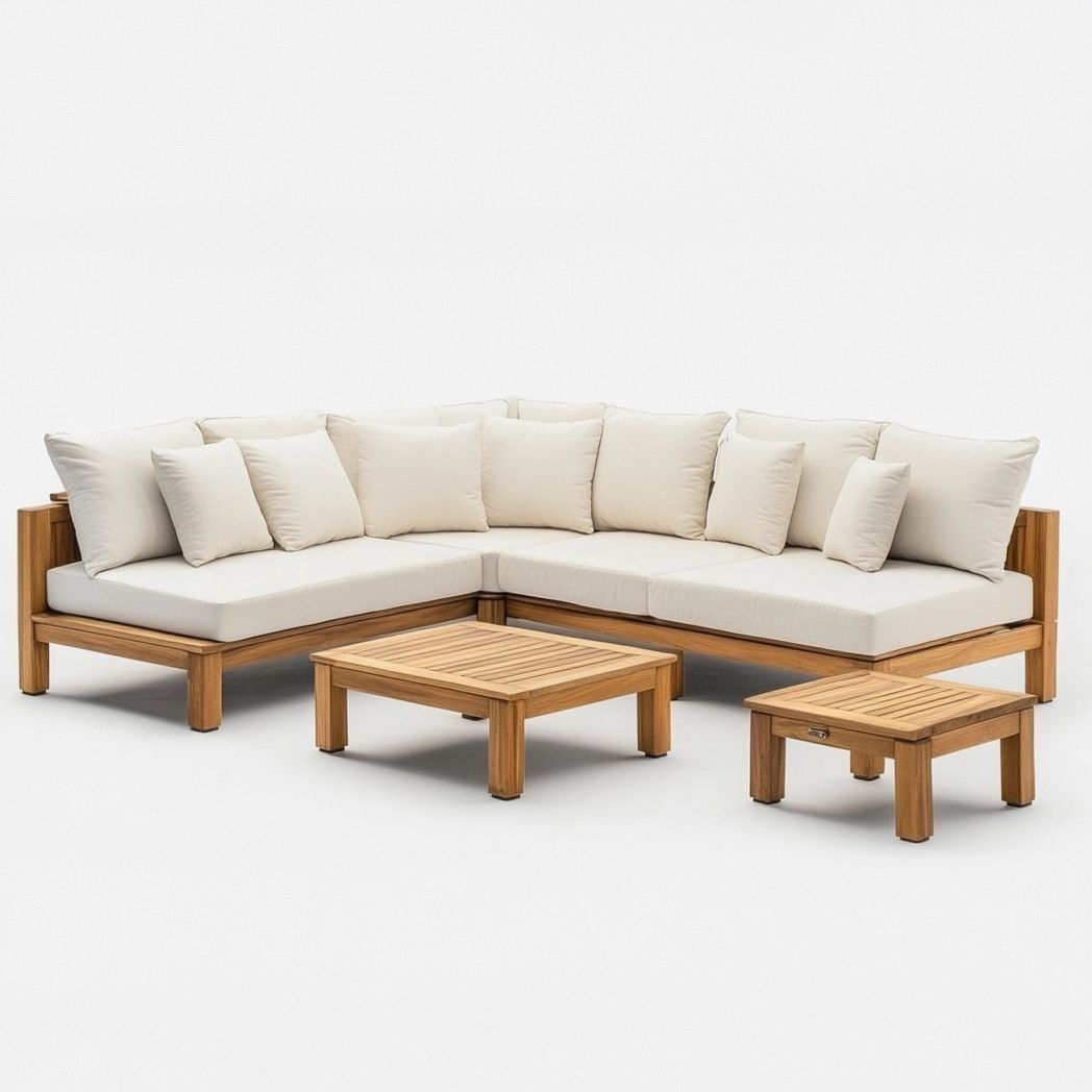 Set Salotto Angolare in Legno di Teak con Cuscini in Tessuto Impermeabile Beige