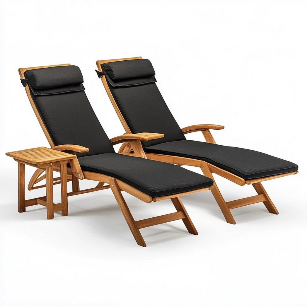 Lettini Sdraio Pieghevoli Regolabili in Legno Massello e Cuscini Neri 2 Pezzi