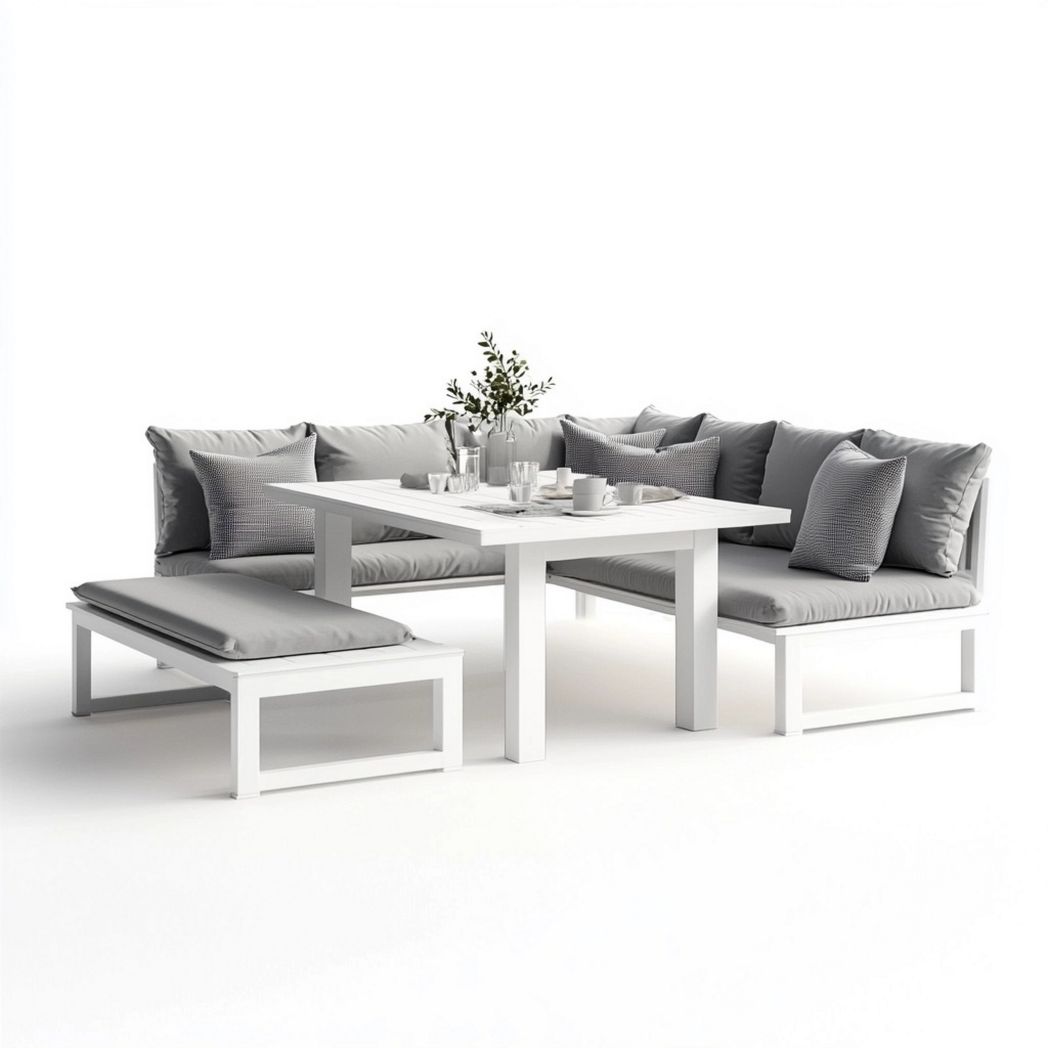 Set salotto angolare da giardino alluminio cuscini tessuto rettangolare grigio chiaro