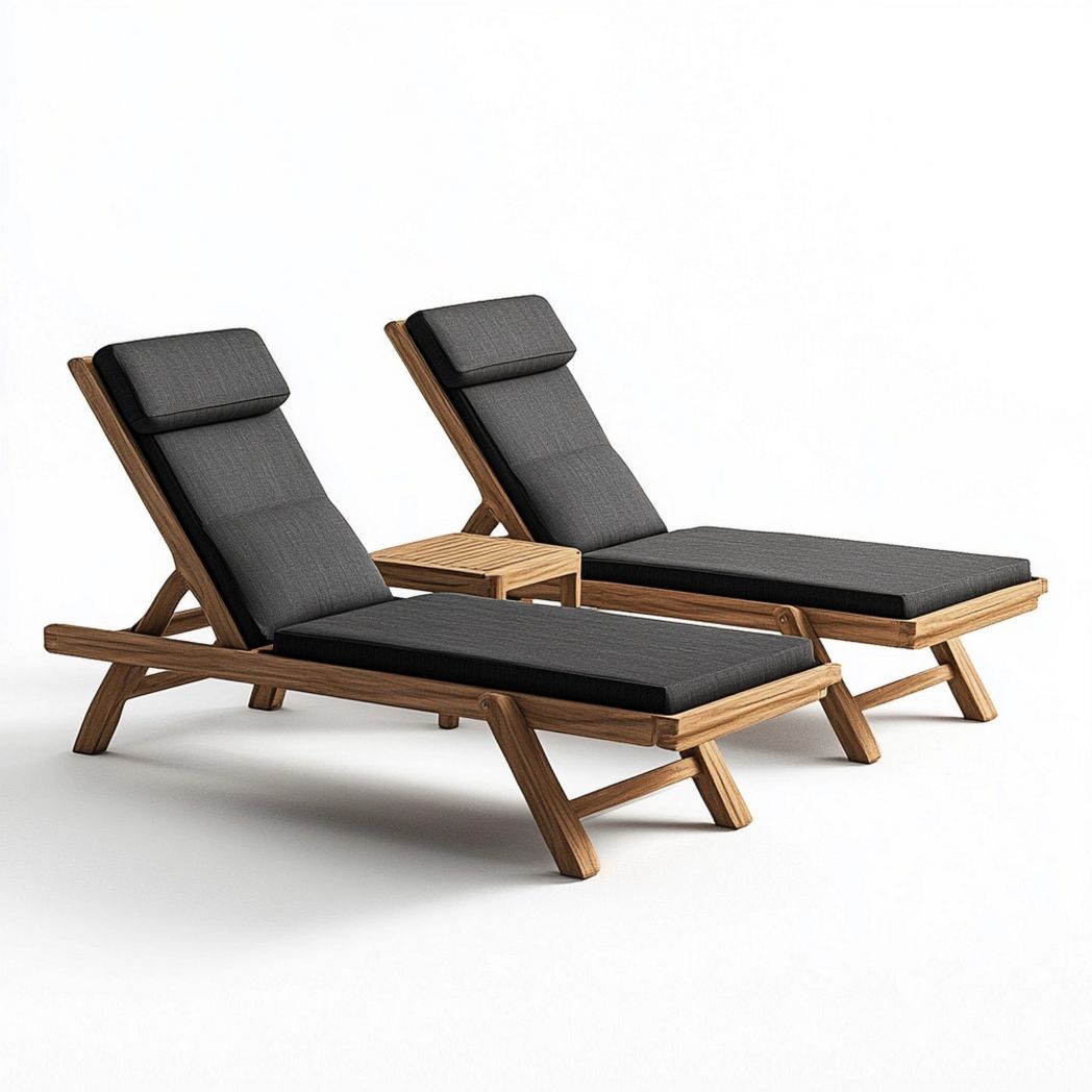 Set 2 Sdraio in Legno di Teak con Cuscini in Tessuto Grigio