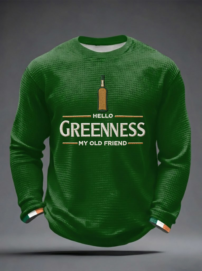 Men's Hello Greenness My Old Friend Irish Jameson Whiskey Printed Waffle Long Sleeve Sweatshirt