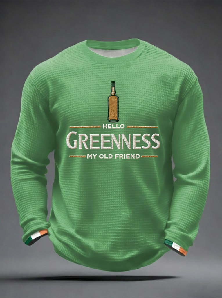 Men's Hello Greenness My Old Friend Irish Jameson Whiskey Printed Waffle Long Sleeve Sweatshirt