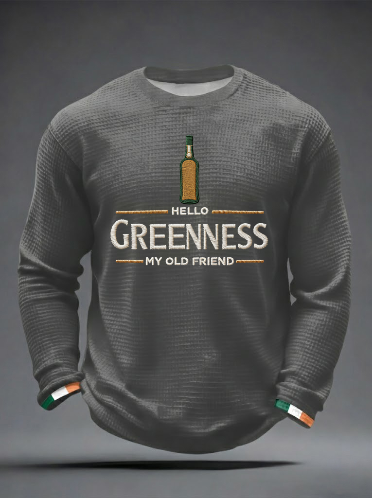 Men's Hello Greenness My Old Friend Irish Jameson Whiskey Printed Waffle Long Sleeve Sweatshirt
