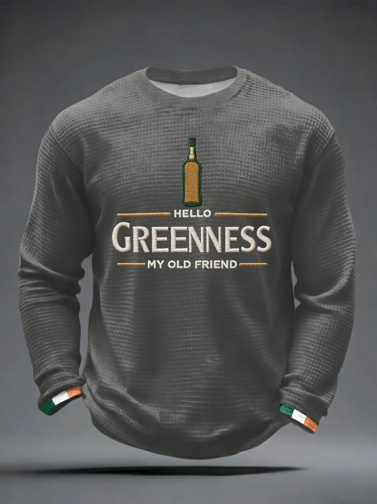 Men's Hello Greenness My Old Friend Irish Jameson Whiskey Printed Waffle Long Sleeve Sweatshirt