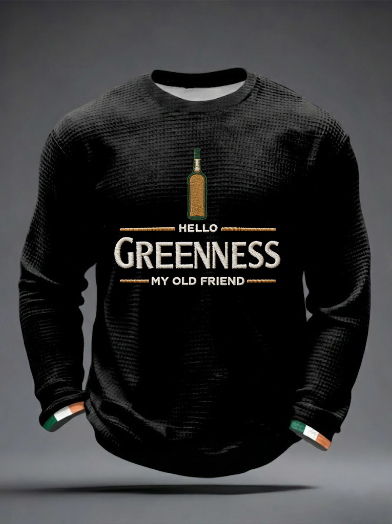 Men's Hello Greenness My Old Friend Irish Jameson Whiskey Printed Waffle Long Sleeve Sweatshirt