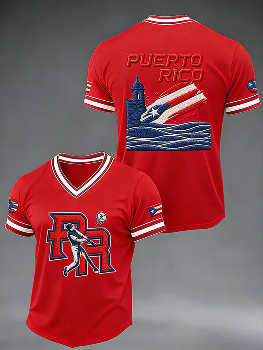 Men's Puerto Rico Baseball Print Casual V-Neck Tee