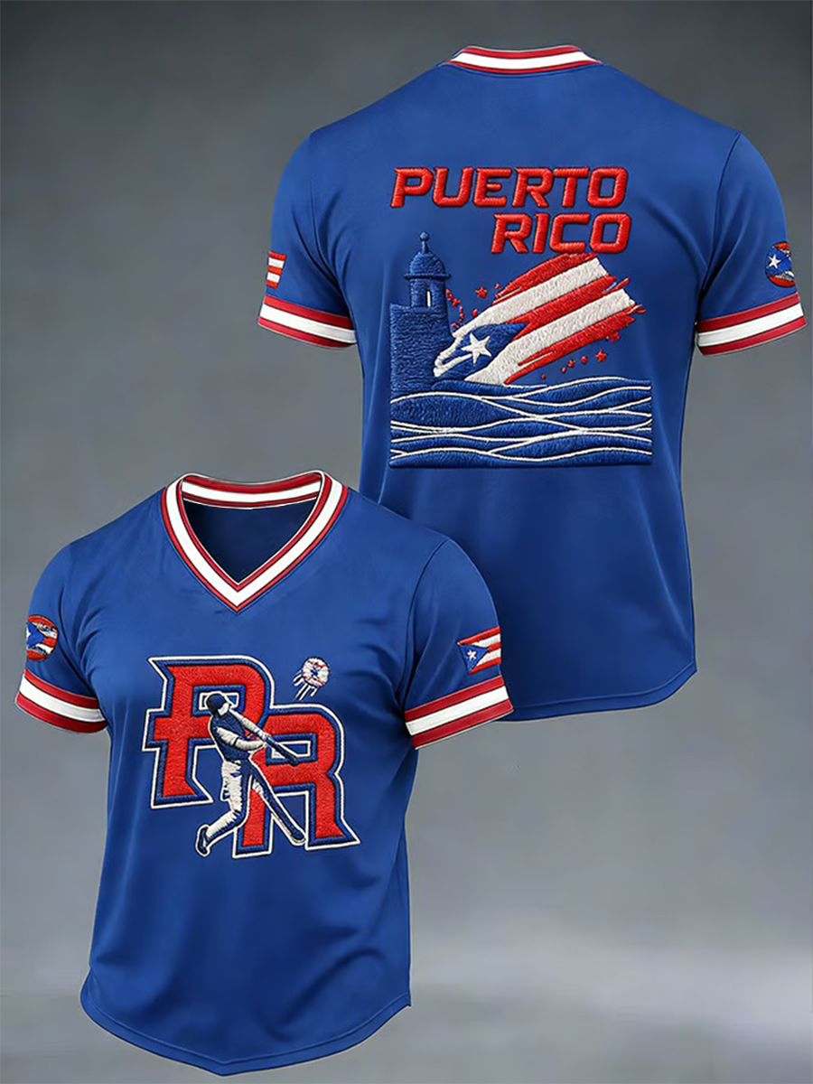 Men's Puerto Rico Baseball Print Casual V-Neck Tee