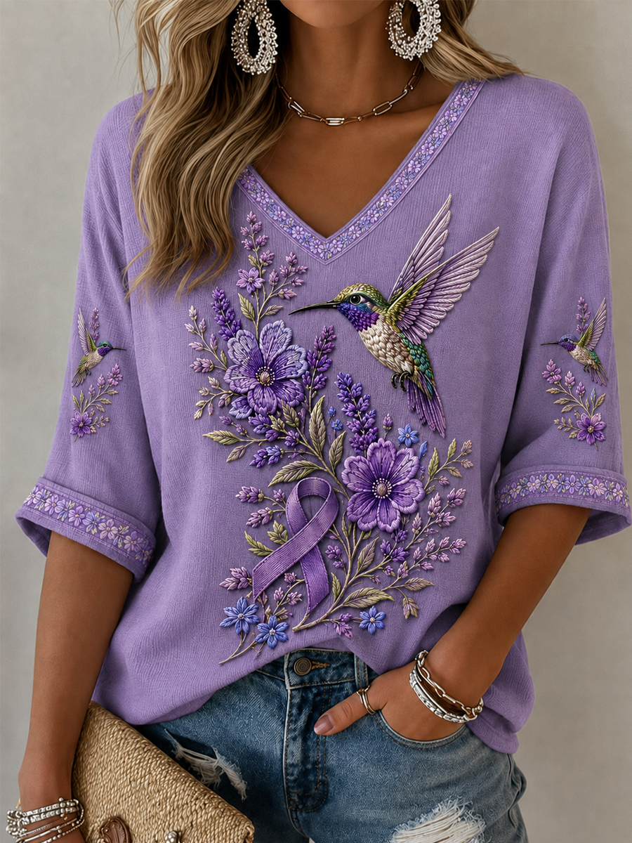Women's Purple Floral & Hummingbird Print Alzheimer's Awareness Support Half-Sleeves V-Neck T-Shirt