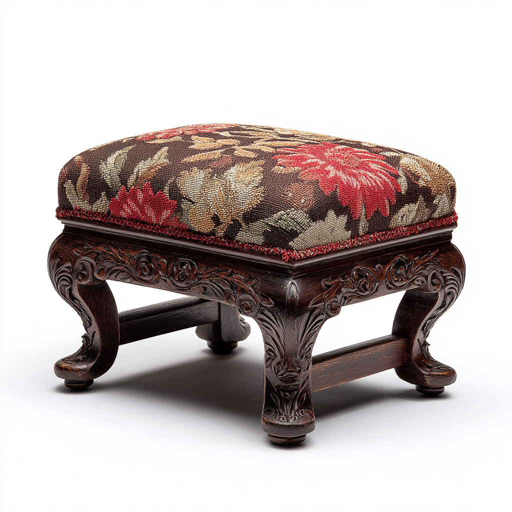 Pouf en tissu jacquard floral et bois massif sculpté 30x25x28 cm - multicolore - bois foncé - pour salon - style classique vintage-Nestlevo