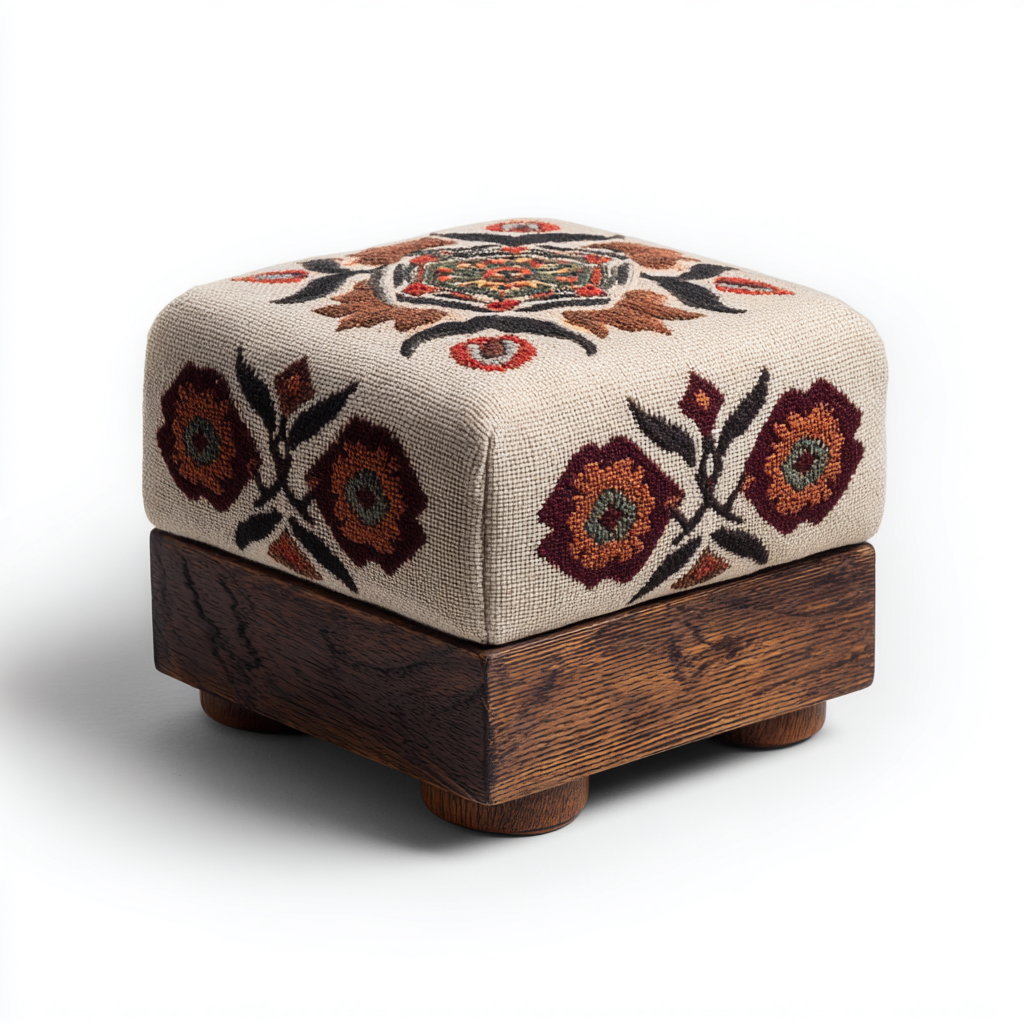 Pouf en tissu brodé et base en bois massif 28x28x32 cm - multicolore - bois foncé - pour salon - style vintage artisanal-Nestlevo