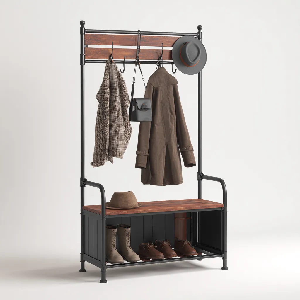 Porte manteau métal et bois 95x38x175 cm - noir - brun - pour entrée - design industriel-Nestlevo
