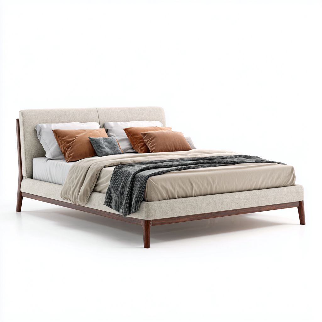 Lit double bois et tissu 214x165x104 cm beige pour chambre - design moderne-Nestlevo