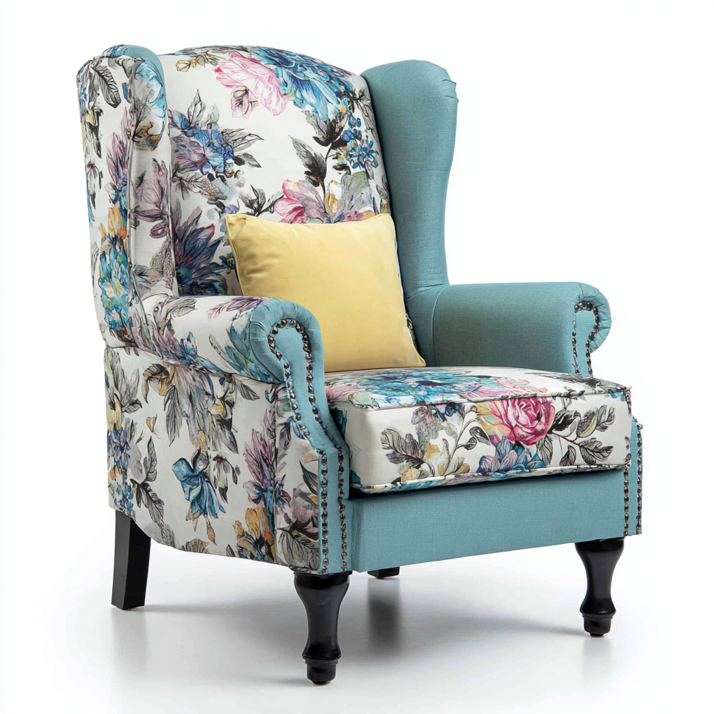 Fauteuil relax - tissu floral et bleu - 92x82x104 cm - pour salon - design classique-Nestlevo