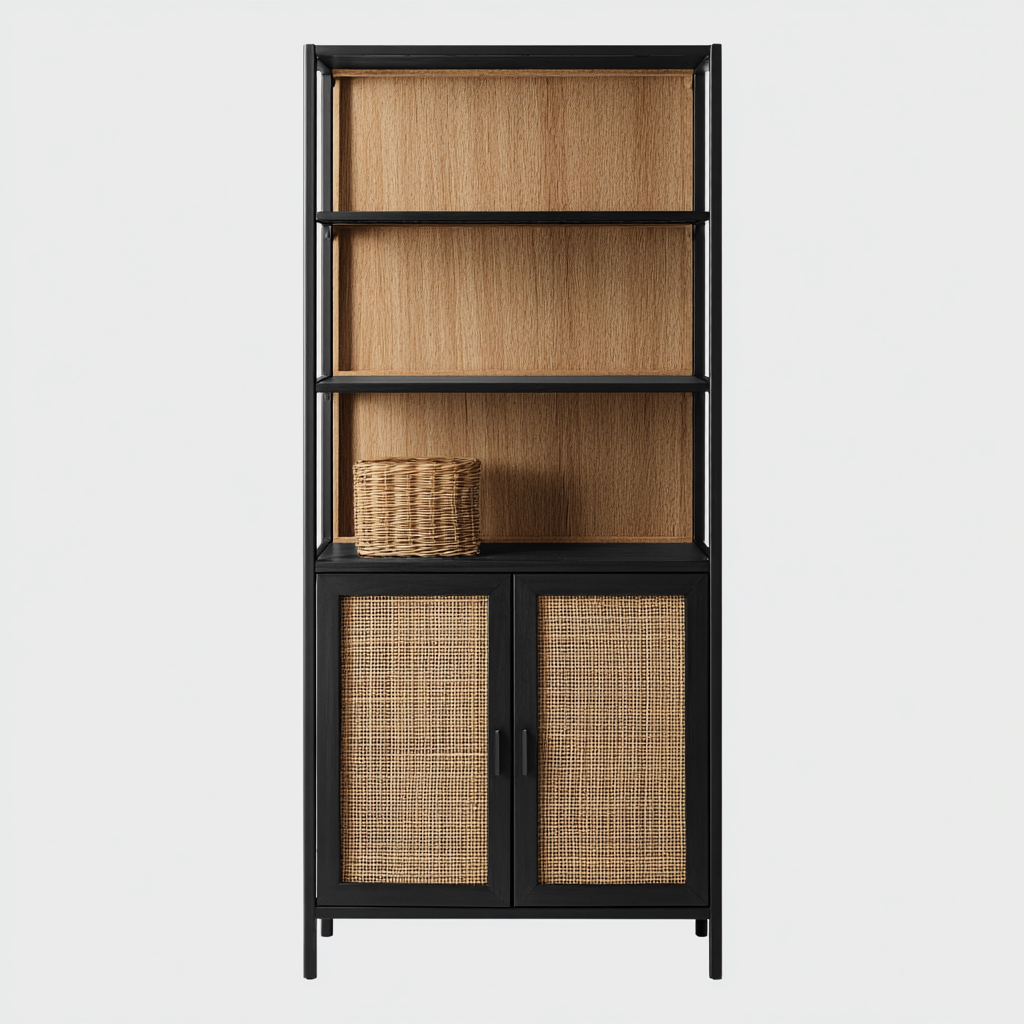 Bibliothèque métal et rotin 80x35x180 cm - noir et naturel - adaptée au bureau - design moderne-Nestlevo