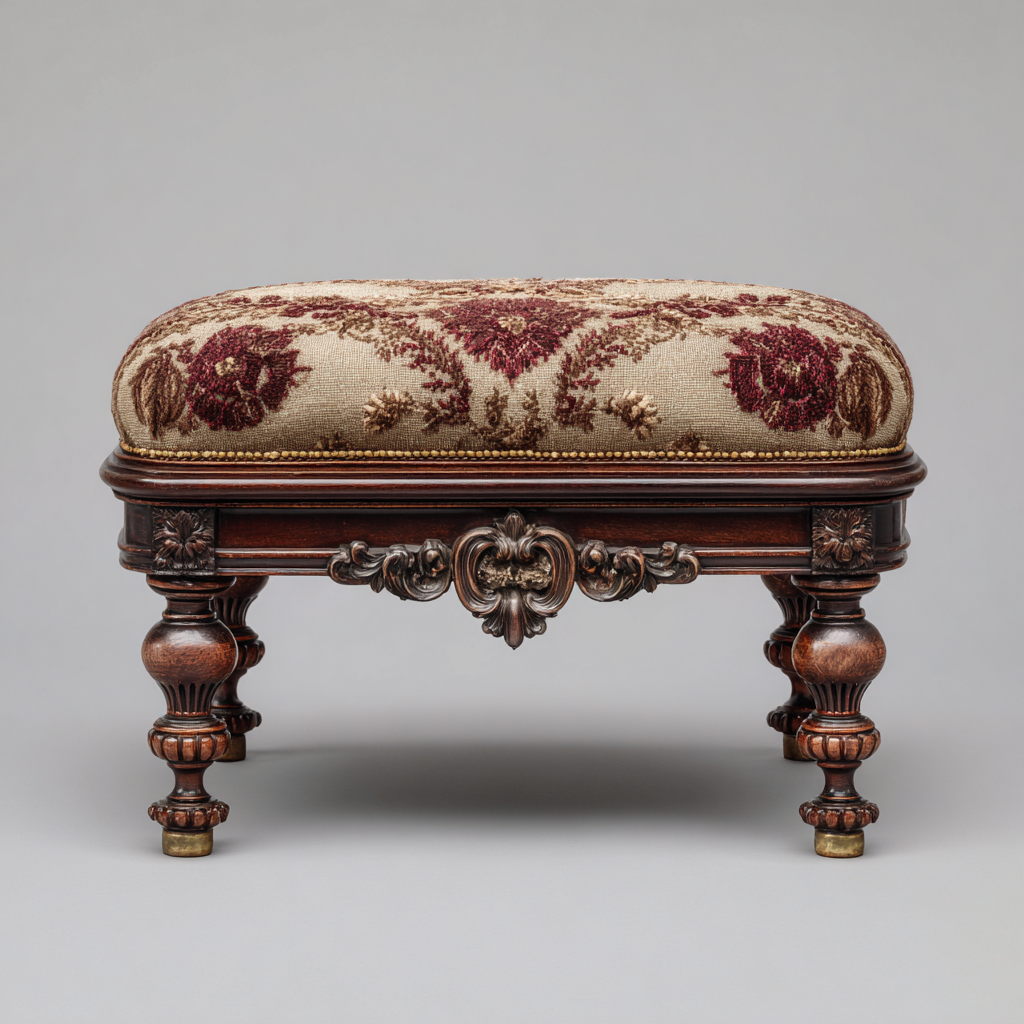 Pouf tissu jacquard et bois sculpté 50x35x30 cm - beige - rouge - pour salon - style vintage-Nestlevo