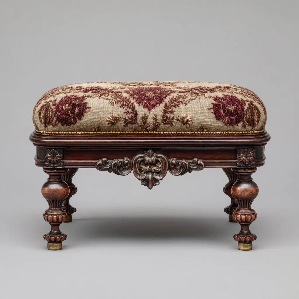 Pouf tissu jacquard et bois sculpté 50x35x30 cm - beige - rouge - pour salon - style vintage-Nestlevo