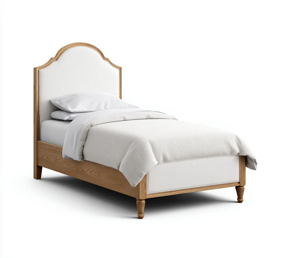 Lit simple - bois et tissu 205x105x118 cm - blanc - bois naturel - pour chambre - style classique-Nestlevo