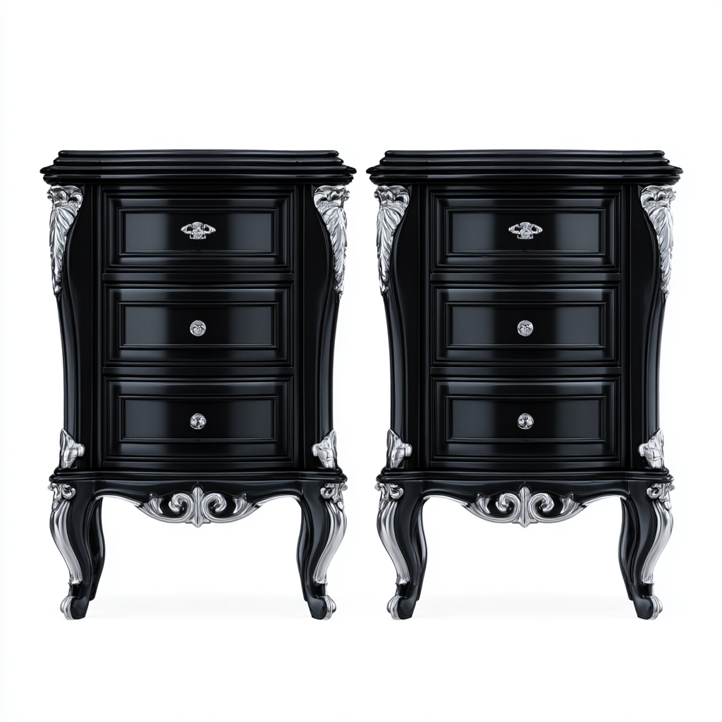 Table de chevet - MDF 58x42x70 cm - noir - argent - pour chambre - style baroque-Nestlevo