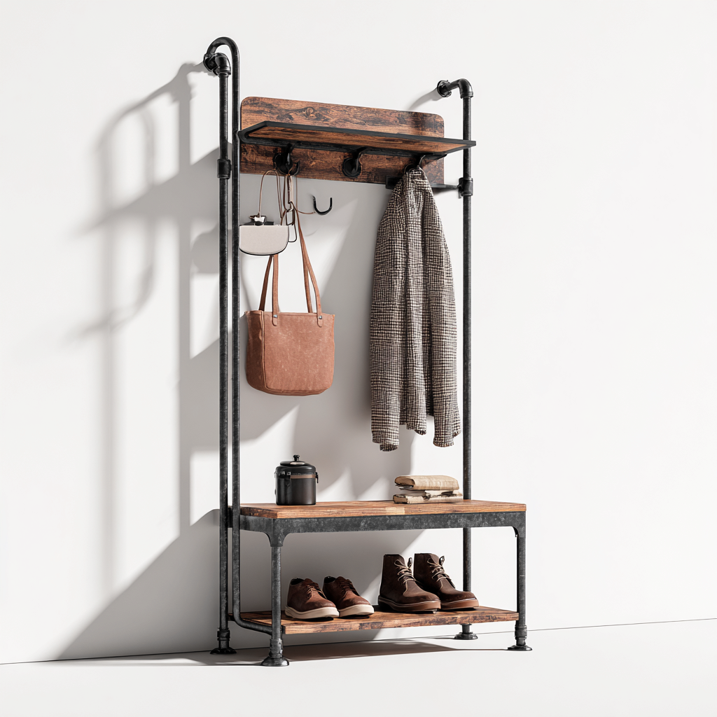 Porte manteau métal et bois 88x36x178 cm - noir - brun - pour entrée - design industriel-Nestlevo