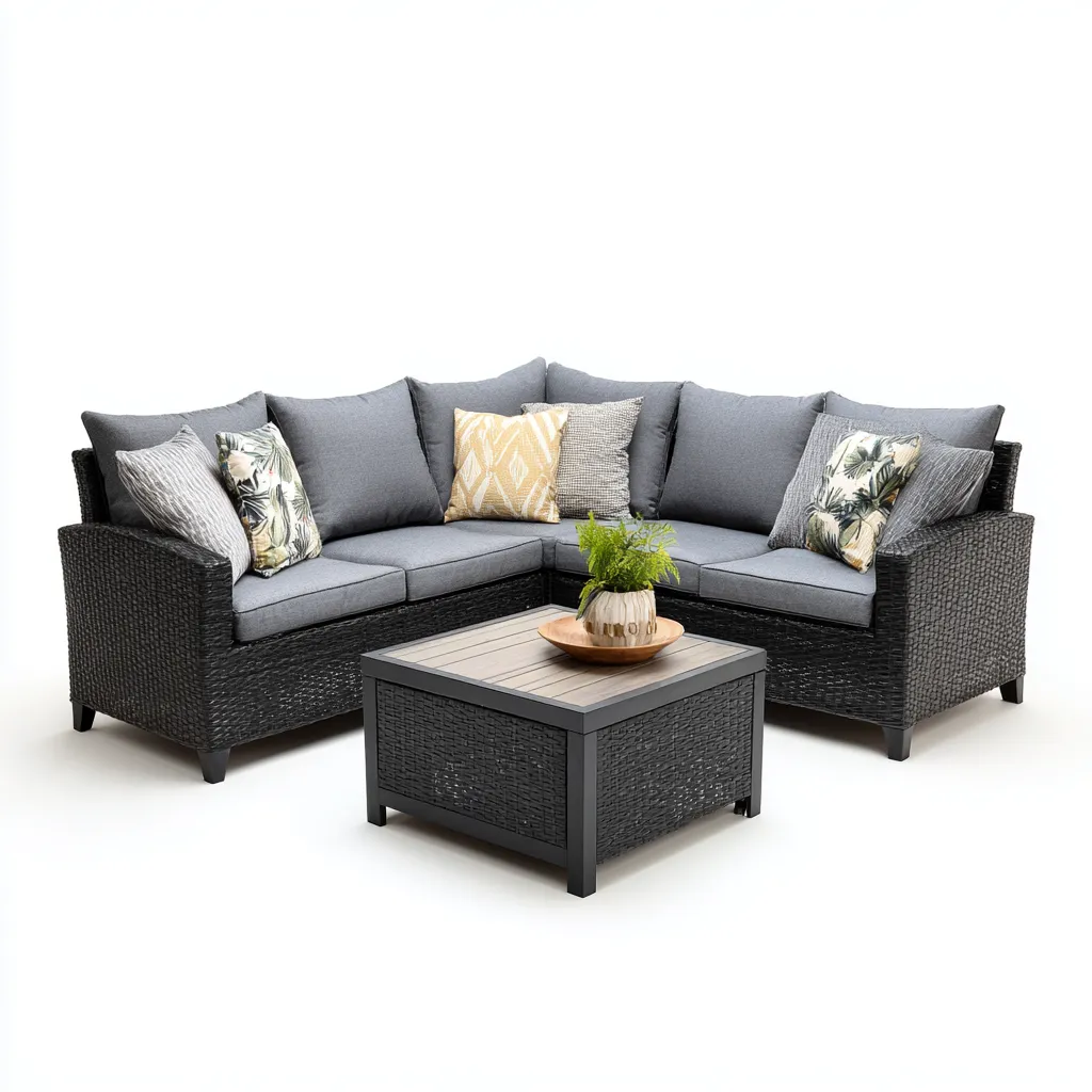 Canapé de jardin d'angle rotin 250x160x85 cm - gris - noir - usage extérieur - design moderne-Nestlevo