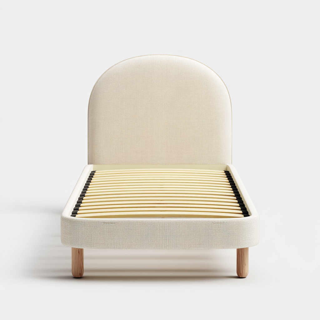 Lit simple - tissu et bois 198x100x95 cm - blanc crème - bois naturel - pour chambre - design arrondi-Nestlevo