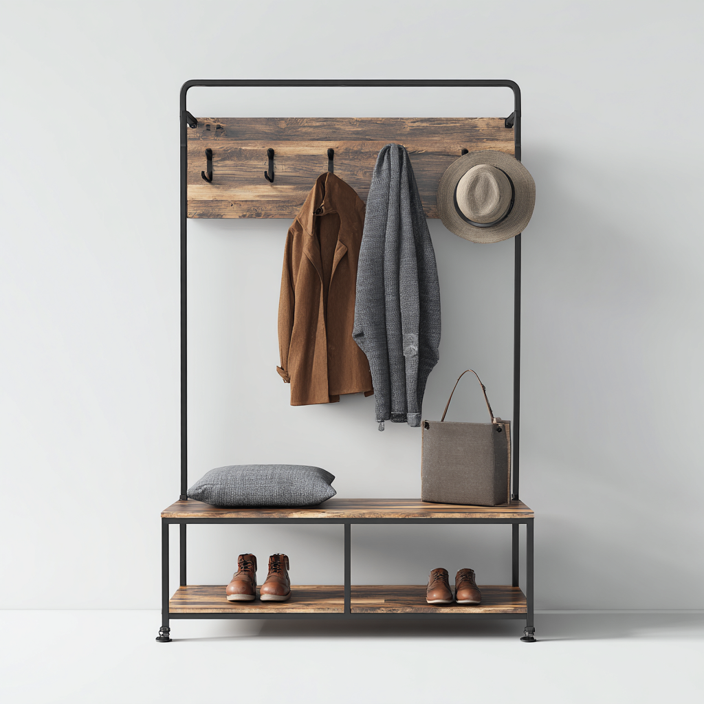 Porte manteau - métal - bois - 100x40x180 cm - noir - bois naturel - adapté à l'entrée - avec banc et rangement chaussures - style industriel-Nestlevo