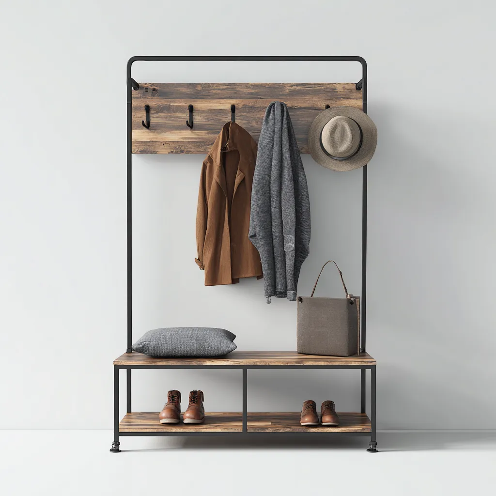 Porte manteau - métal - bois - 100x40x180 cm - noir - bois naturel - adapté à l'entrée - avec banc et rangement chaussures - style industriel-Nestlevo