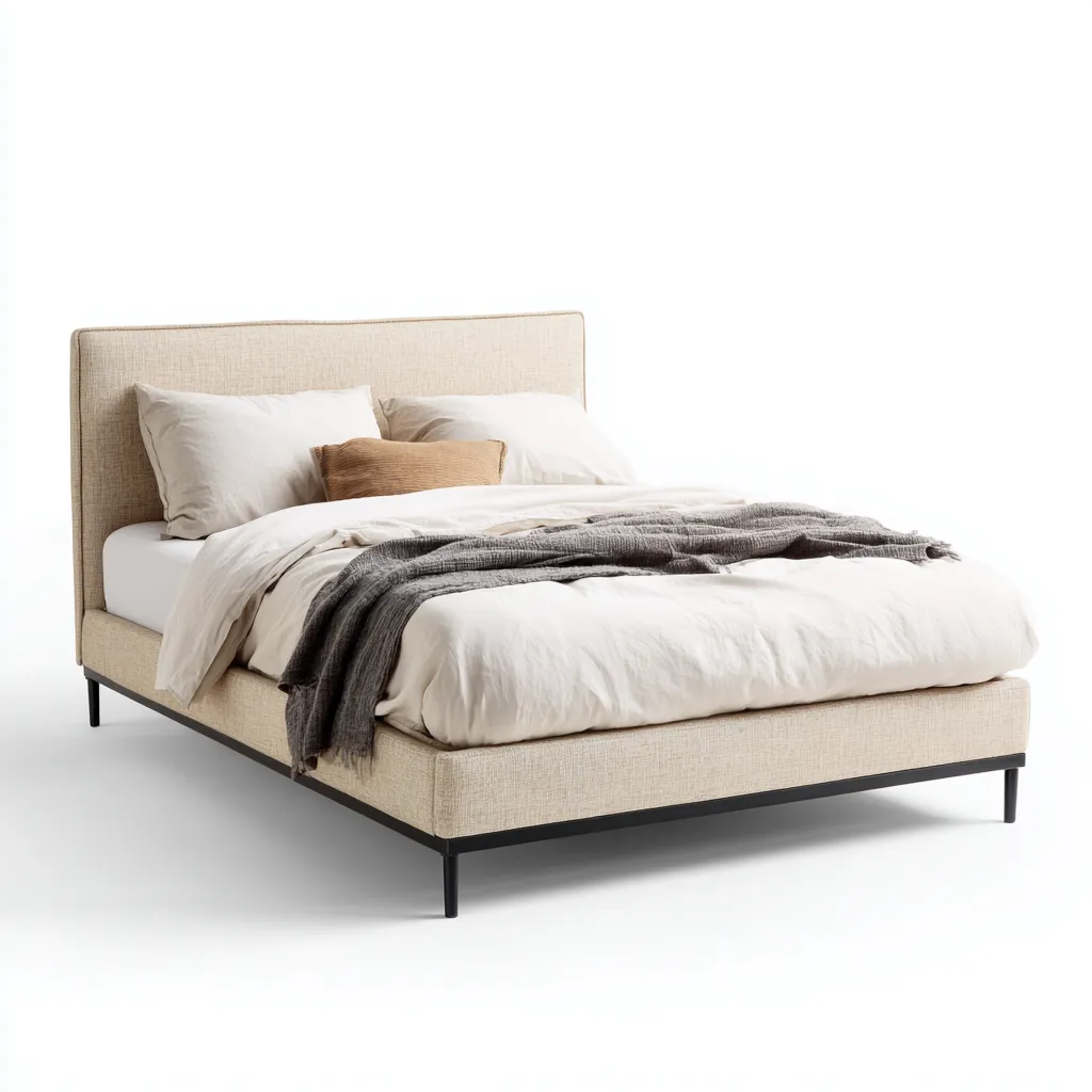 Lit double - tissu rembourré métal 200x160x105 cm - beige - noir - design moderne - adapté à la chambre-Nestlevo