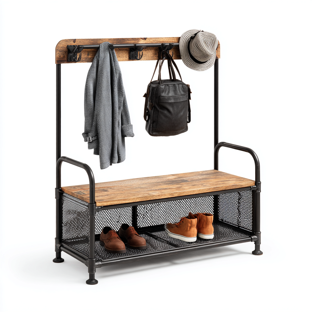 Porte manteau - métal - bois - 100x40x165 cm - noir - bois naturel - adapté à l'entrée - avec banc et étagère chaussures - style industriel-Nestlevo