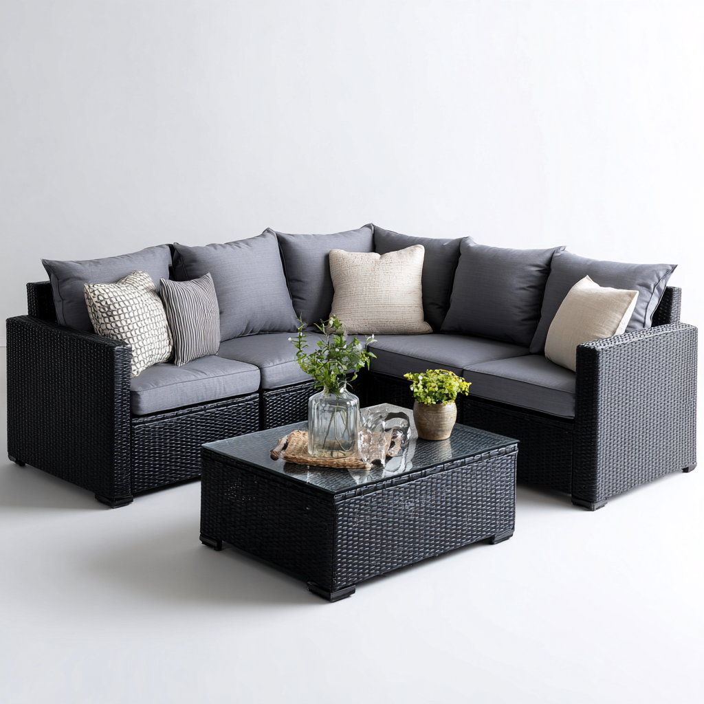 Canapé de jardin d'angle en résine tressée - 220x160x78 cm - noir - gris foncé - pour jardin - design moderne-Nestlevo