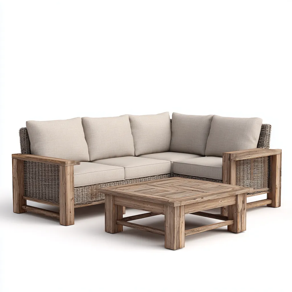Canapé de jardin d'angle rotin et bois 240x160x75 cm - beige - gris - marron - usage extérieur - design naturel-Nestlevo