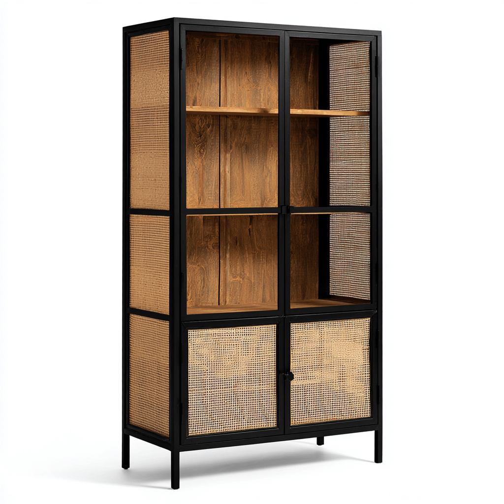 Bibliothèque métal et rotin 90x40x185 cm - noir et naturel - adaptée au bureau - design moderne-Nestlevo